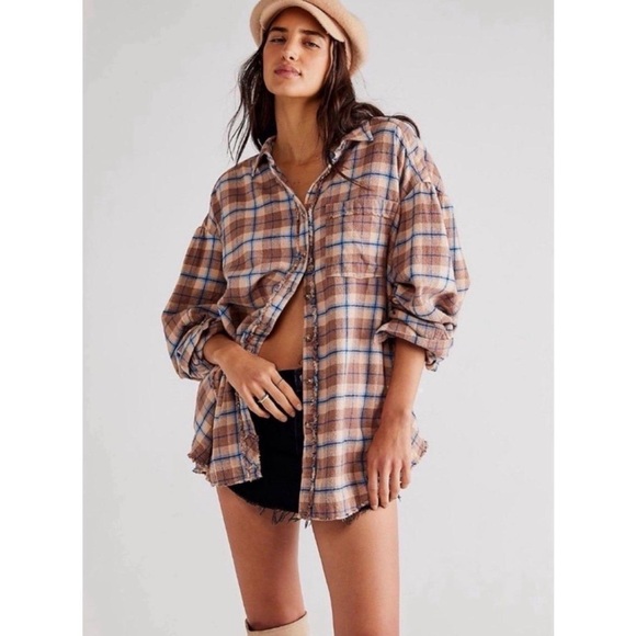 Free People Tops - Free People We The Free Happy Hour Oversized Flannel Shirt Tan Blue